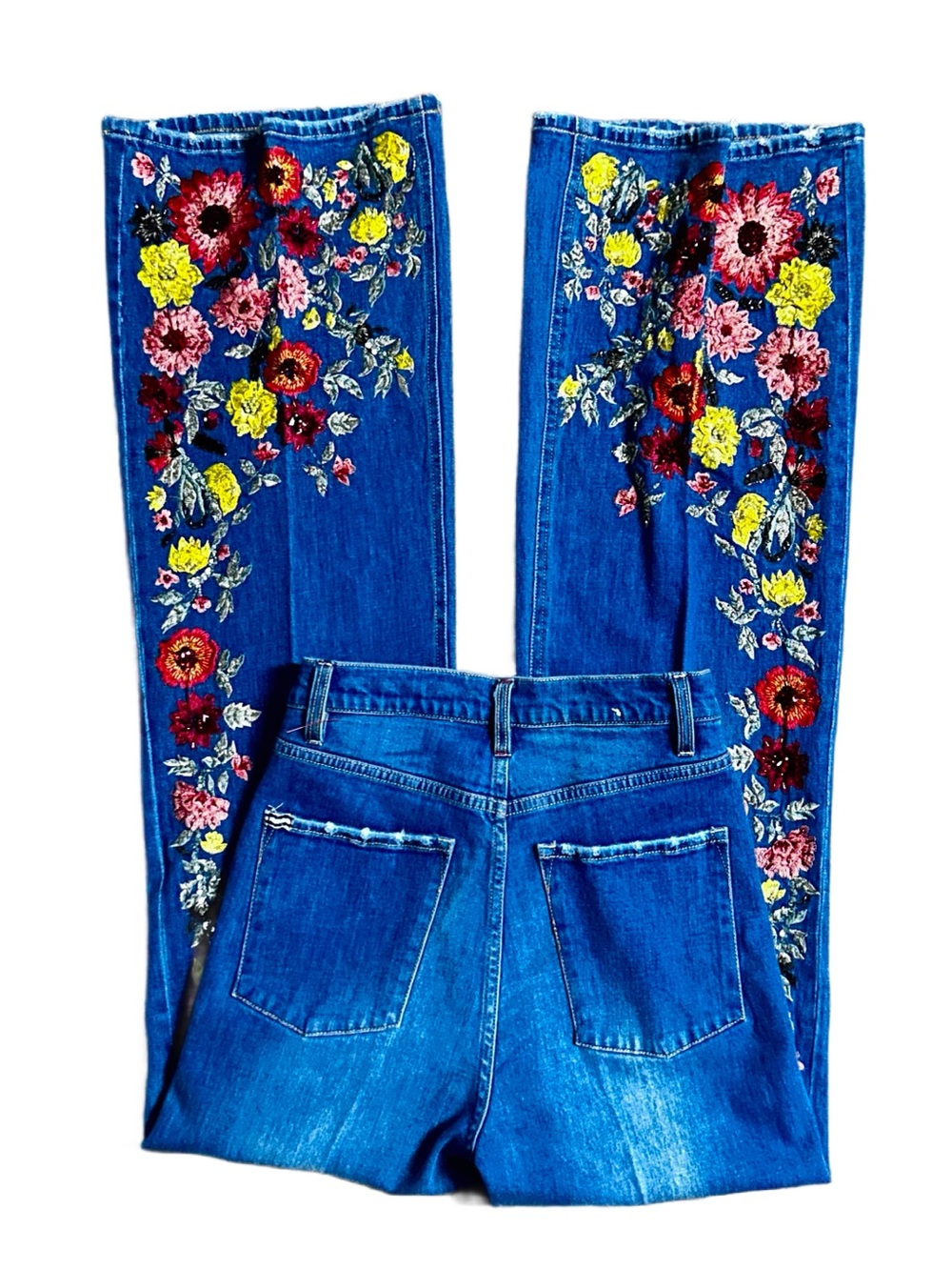 Alice + Olivia ~ Size 27 ~ Blue Denim W/ Multi-Colors Embroidery Floral Jeans - Picture 8 of 16